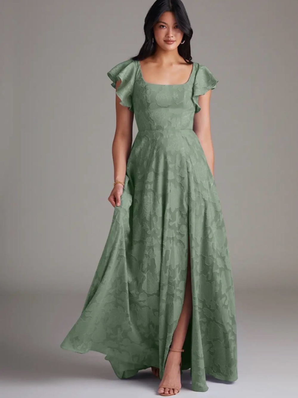 Azazie Sage Green Square-Neck Maxi Dress with Flutter Sleeves